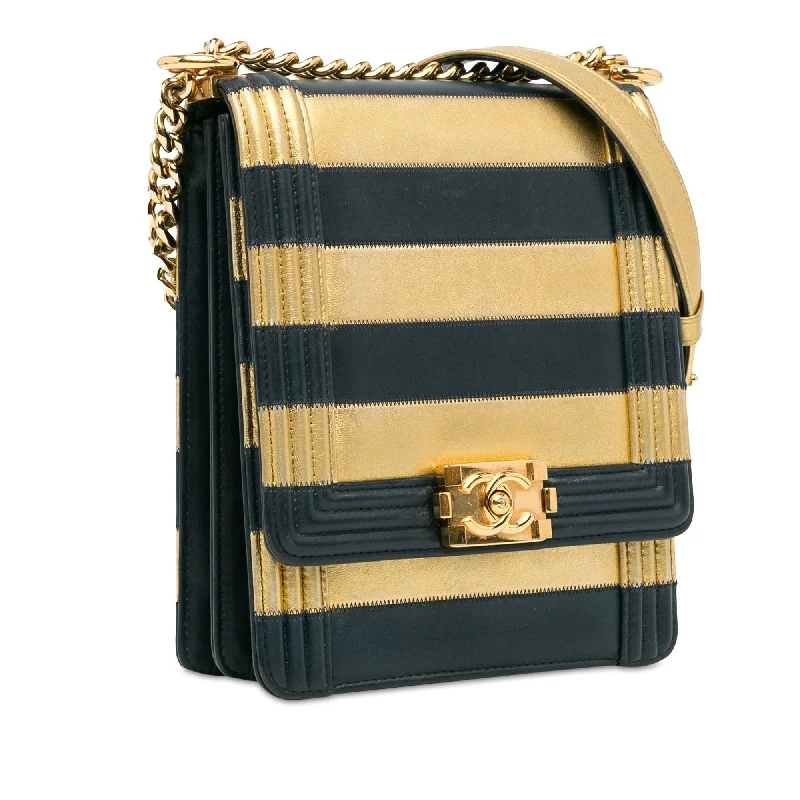 Chanel Luxury Handbag for High - End EventsChanel Metallic Lambskin Striped North South Boy Flap (gdf9Ua)