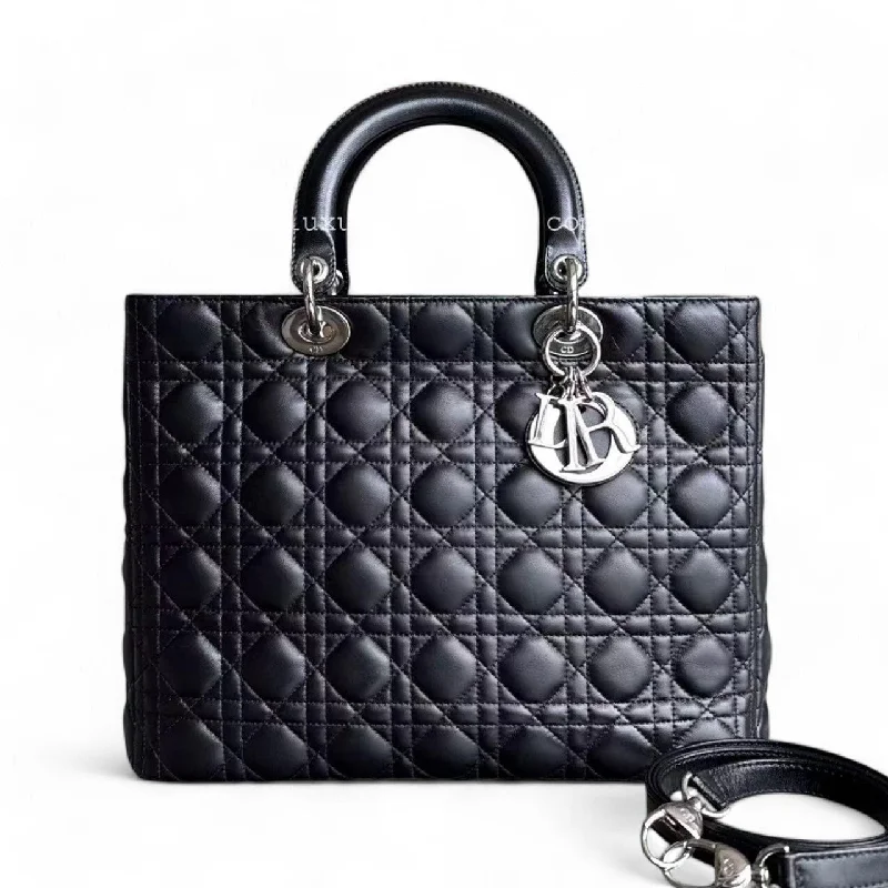 Christian Dior handbags with a detachable mirror for on - the - go touch - ups*Recolored* Dior Lady Large - Cannage Lambskin Black Silver Hardware