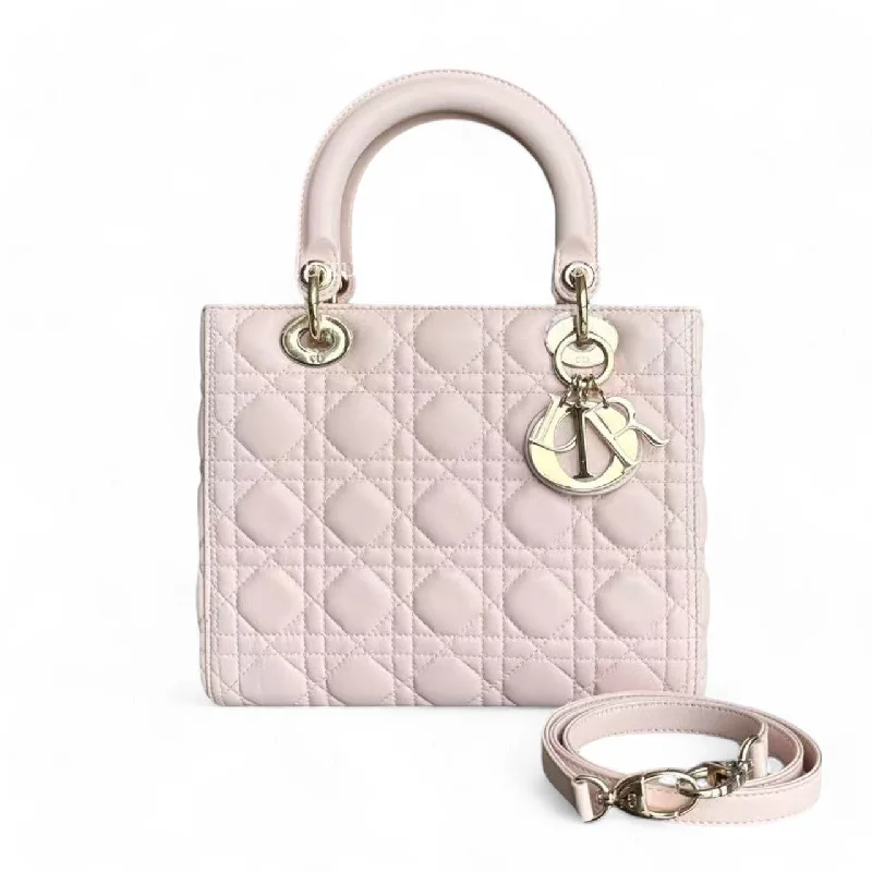 Christian Dior bags with a zip - top closure and multiple compartmentsDior Lady Medim - Cannage Lambskin Sakura Pink Gold Hardware