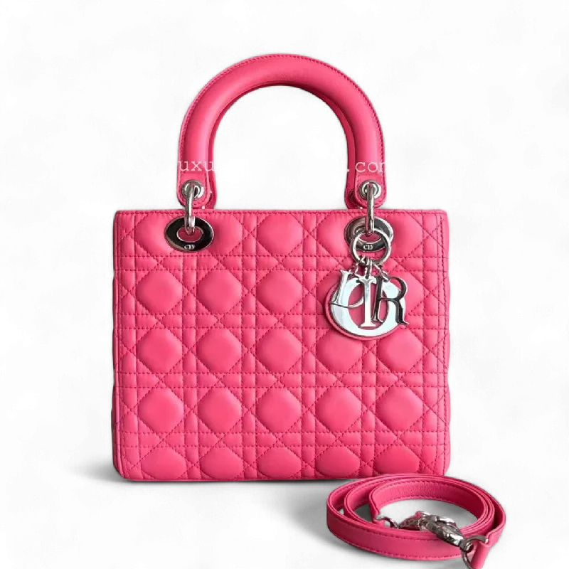 Christian Dior handbags with a removable shoulder strap for versatilityDior Lady Medium - Cannage Lambskin Hot Pink Handbag Silver Hardware