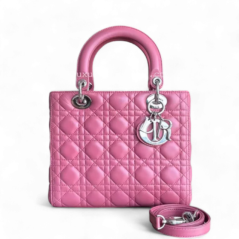 Christian Dior handbags with a back - pocket for quick storageDior Lady Medium - Cannage Lambskin Pink Silver Hardware