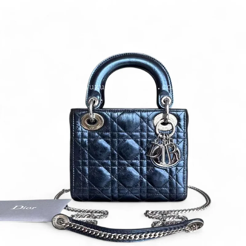 Christian Dior tote bags with a printed Dior logo on the frontDior Lady Mini - Glazed Calfskin Metallic Blue Silver Palladium Hardware