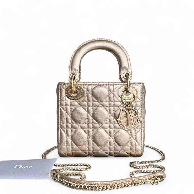 Contemporary Christian Dior handbags with a unique shapeDior Lady Mini - Lambskin Metallic Cannage Gold Hardware