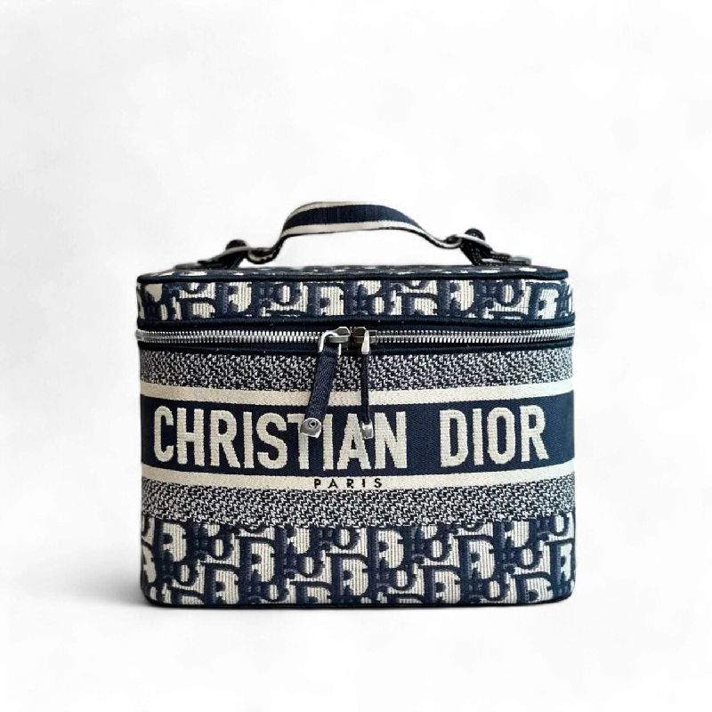 Christian Dior bags with a zip - top closure and multiple compartmentsDior Vanity - Oblique Embroidery Top Handle Bag In Jacquard Blue SHW