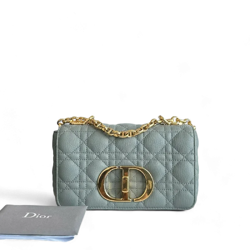 Christian Dior handbags with a detachable mirror for on - the - go touch - upsDior Caro Small - Cannage Grained Calfskin Haze Blue Gold Hardware