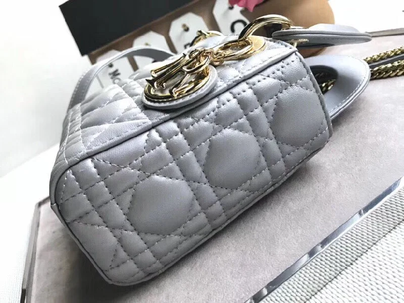 Christian Dior bags with a zip - top closure and multiple compartmentsDior Grey Pearly Lambskin Mini Lady Christian Dior Bag With Chain