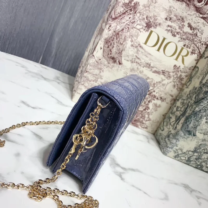 Christian Dior bags with a zip - top closure and multiple compartmentsDior Lady Dior Clutch With Chain In Denim Blue Patent