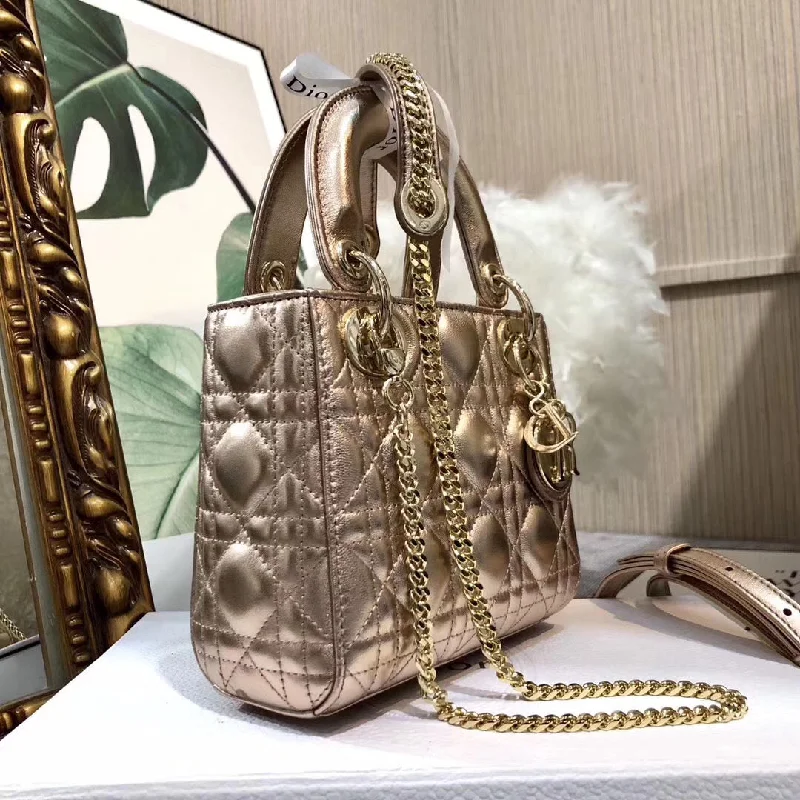 Christian Dior tote bags with a double - handle and shoulder - strap optionDior Lady Dior Mini Chain Bag In Gold Metallic Calfskin