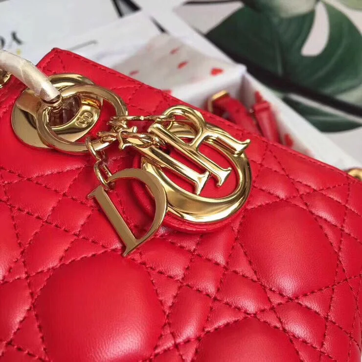 Christian Dior Saddle bags with a distressed leather finishDior Lady Dior Mini Chain Bag In Red Lambskin