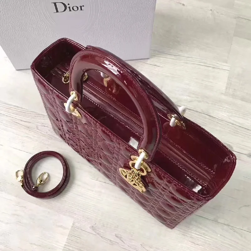 Christian Dior handbags with a snap - button closure and a decorative buckleDior Large Lady Dior Bag In Bordeaux Patent Leather