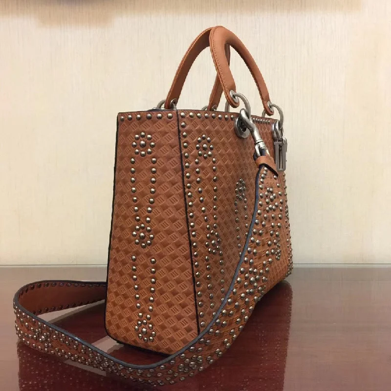 Christian Dior handbags with a removable shoulder strap for versatilityDior Large Lady Dior Bag In Brown Studded Calfskin