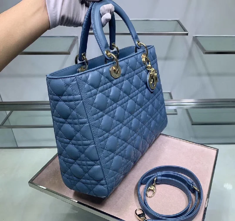 Christian Dior bags with a quilted pattern and gold - toned hardwareDior Large Lady Dior Bag In Denim Blue Cannage Lambskin