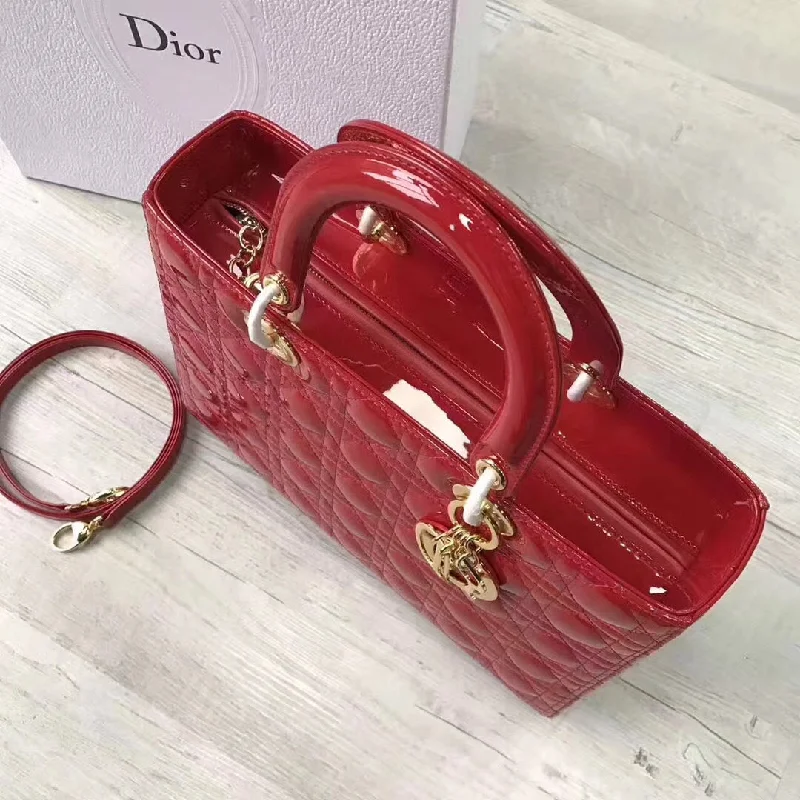 Christian Dior bags with a zip - top closure and multiple compartmentsDior Large Lady Dior Bag In Red Patent Leather