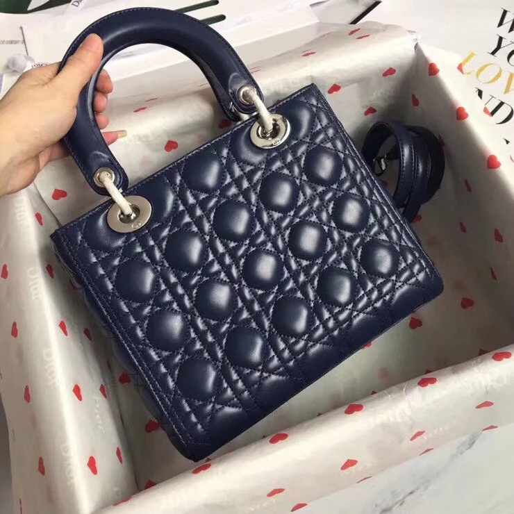 Christian Dior handbags with a detachable mirror for on - the - go touch - upsDior Medium Lady Dior Bag In Indigo Blue Cannage Lambskin