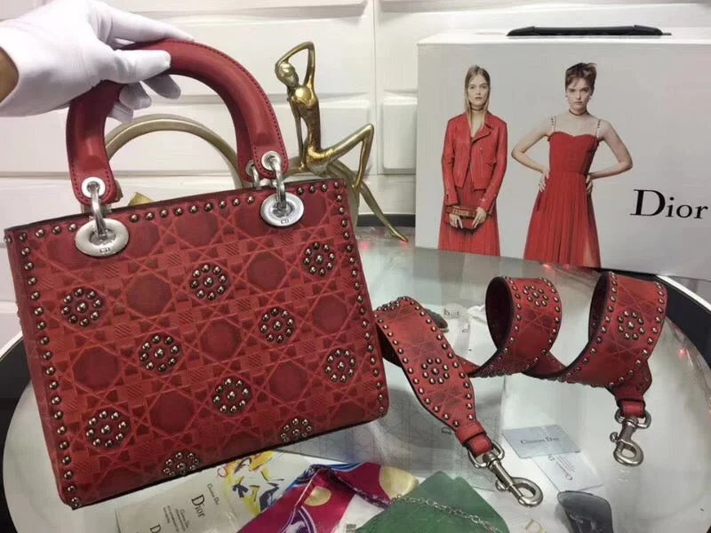 High - fashion Christian Dior bags with a geometric patternDior Medium Lady Dior Bag In Red Studded Calfskin