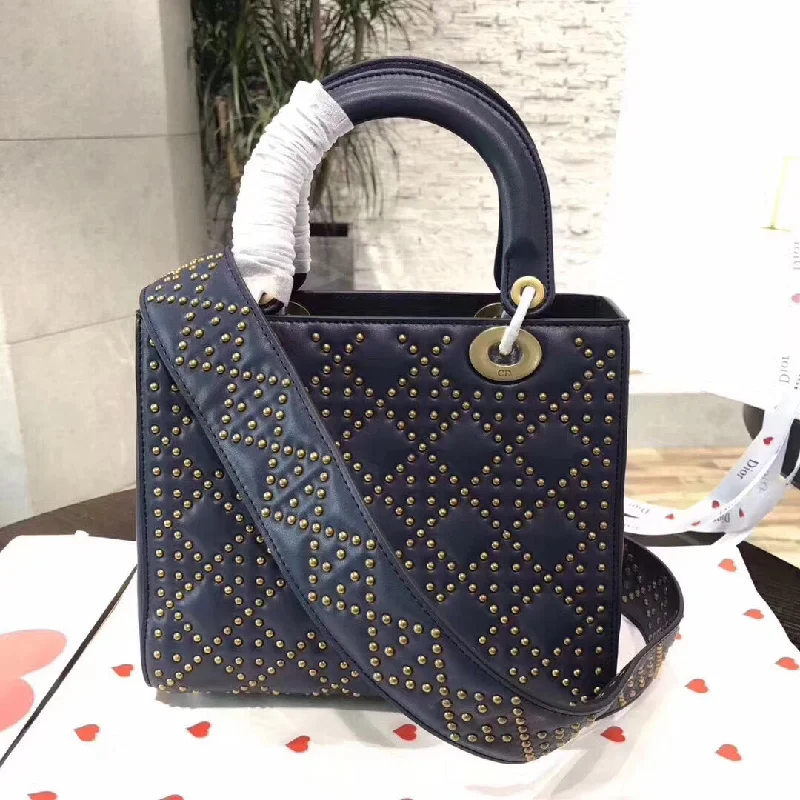 Luxury Christian Dior crossbody bags with a chain - link strapDior Medium Supple Lady Dior Bag In Navy Studded Calfskin