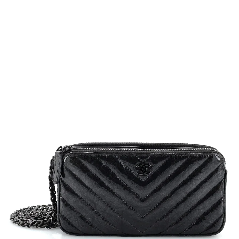 Christian Dior tote bags with a double - handle and shoulder - strap optionSo Black Double Zip Clutch with Chain Chevron Crumpled Metallic Patent